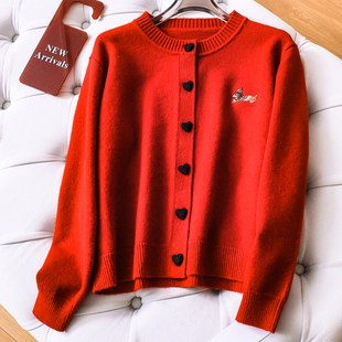 卡通刺绣小狗爱心纽扣圆领宽松显瘦毛衣减龄长袖 Q811 百搭女针织衫