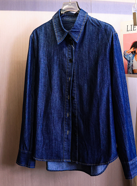 复古蓝色宽松显瘦翻领休闲通勤2025秋季新款长袖女装牛仔衬衫B745