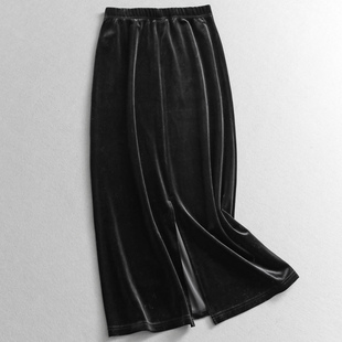 优雅气质款 纯色松紧腰后开叉金丝绒包臀半身裙直筒裙女长裙M980
