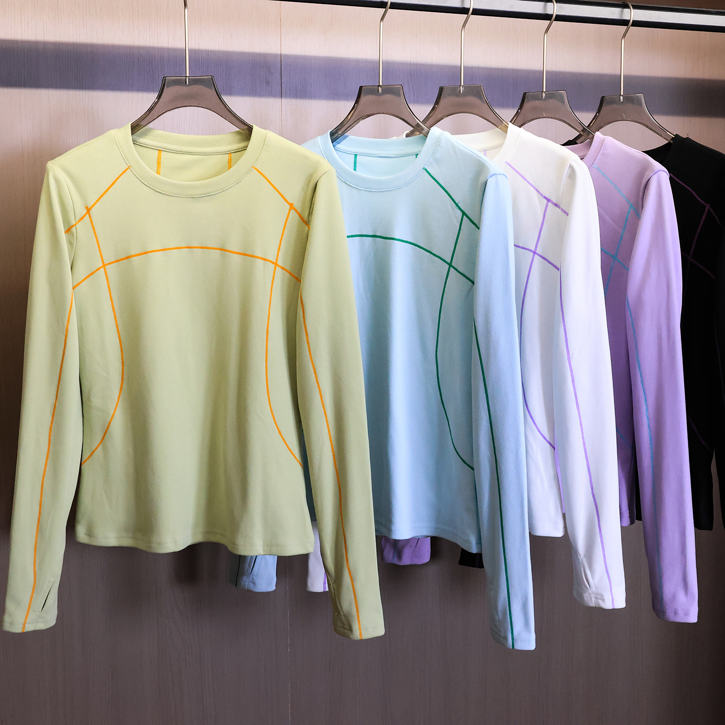 撞色明线户外透气显瘦圆领运动健身弹力长袖抓绒衣打底T恤女B548