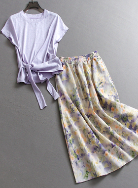 纯色圆领插肩短袖蝴蝶结扎带T恤可配一整套半身裙女两件套装X762