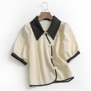 衬衫 A264撞色相拼Polo领复古盘扣国潮风夏季 上衣女式 新款 2022短袖
