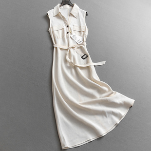 纯色含亚麻可脱卸腰带气质休闲轻薄透气高智翻领背心裙连衣裙C845