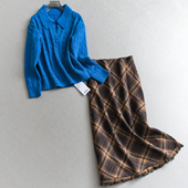 蓝色软糯绞花长袖 套头毛衣可配一整套格子半身裙两件套装 女Q408