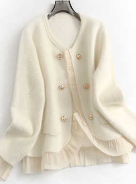 纯色捏褶花边拼接小香风圆领仿水貂绒外套长袖气质女针织开衫G824