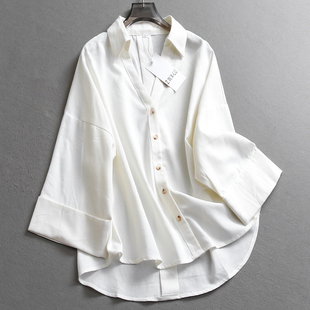 Z711 衬衫 简约纯色亚麻透气宽松廓形翻领单排扣翻边七分袖 百搭女装