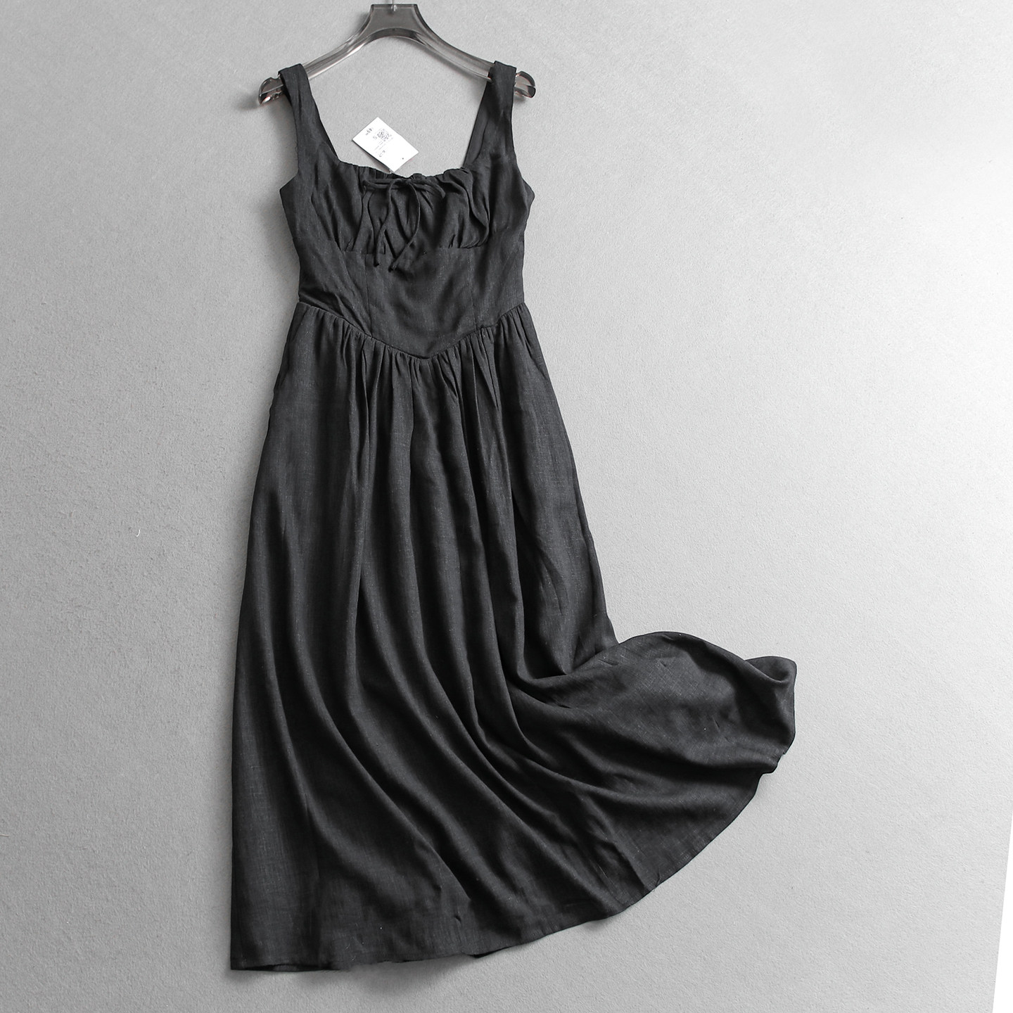 纯色显瘦修身棉麻混纺蝴蝶结系带无袖吊带长裙a字女裙连衣裙W605