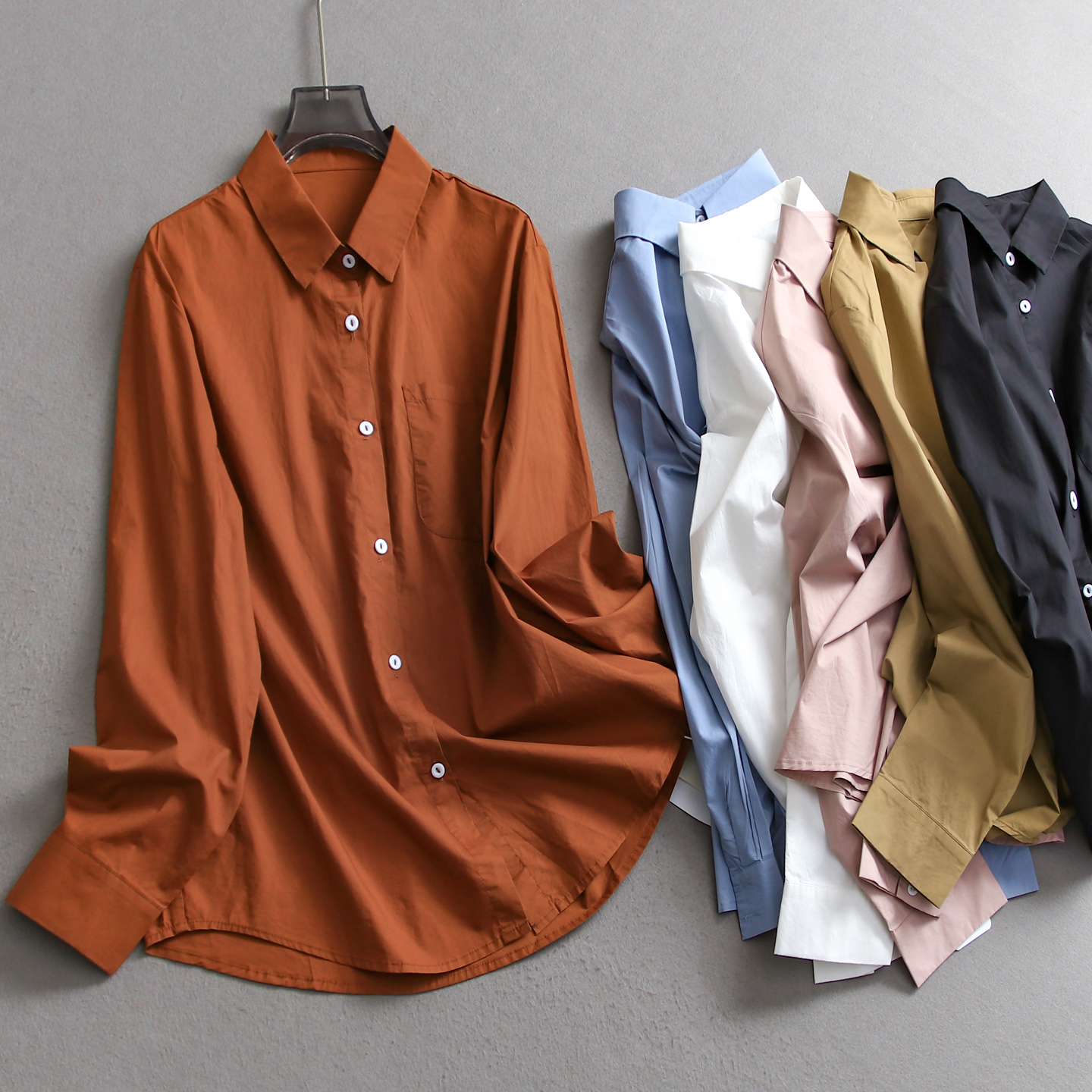 极简纯色宽松显瘦翻领正肩女衬衫