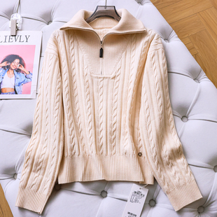 M610 线衫 学院风半拉链翻领绞花羊毛混纺宽松套头毛衣长袖 女针织衫