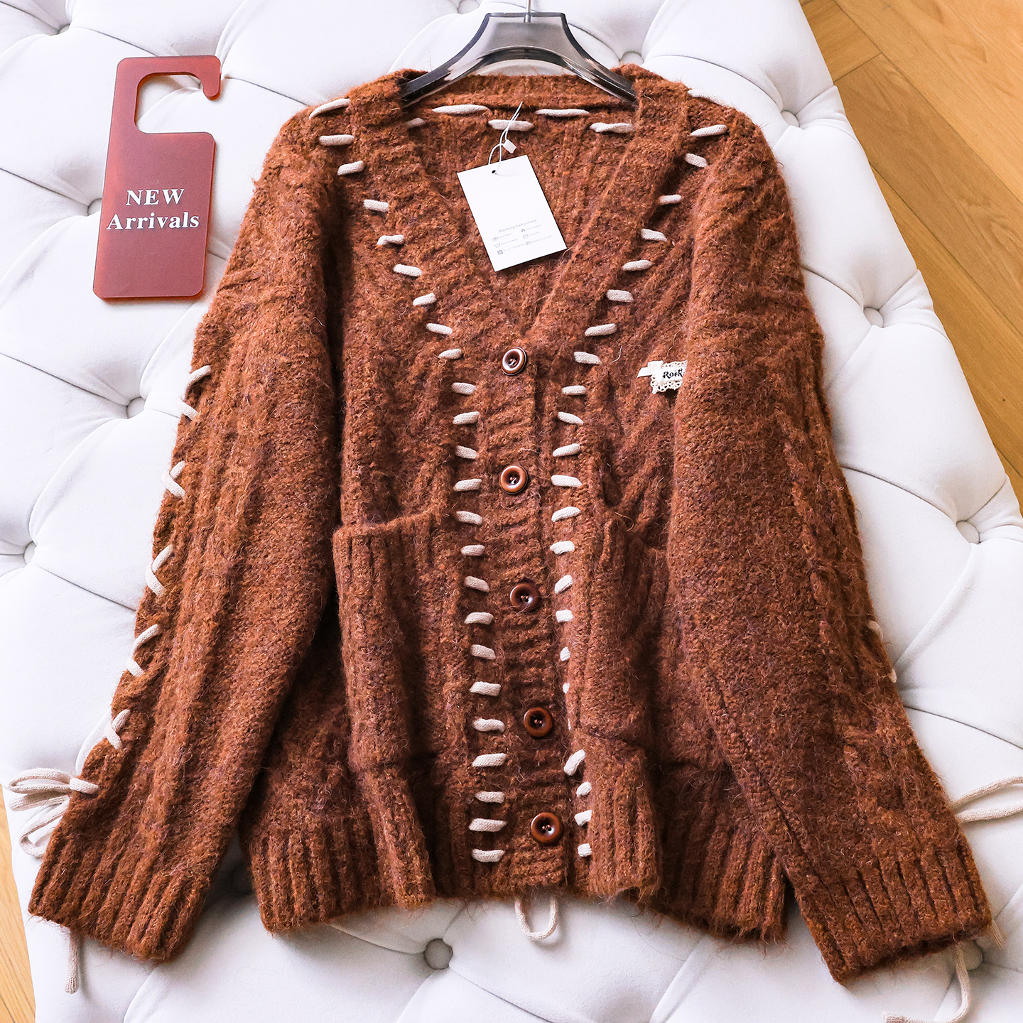 复古穿绳设计感宽松慵懒长袖毛衣