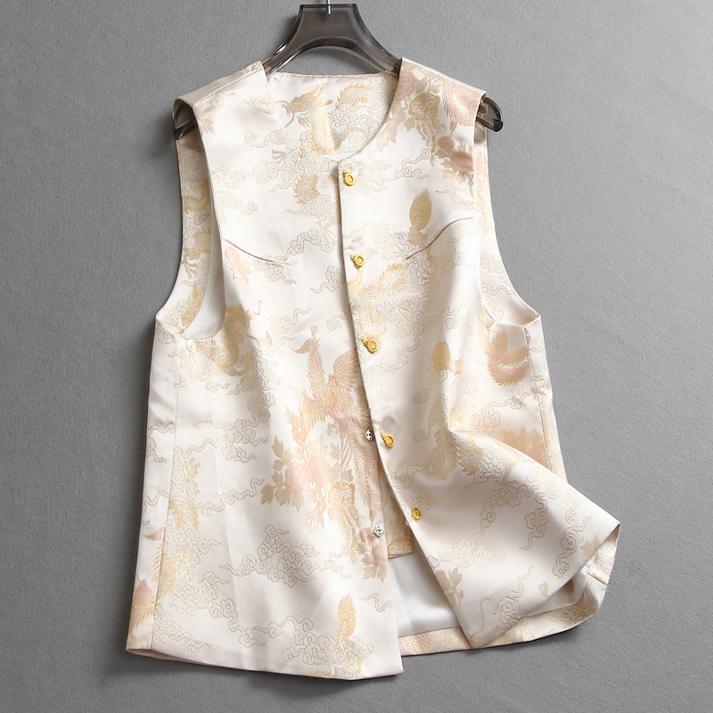 新中式国风提花圆领无袖坎肩马夹