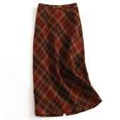 圣诞新年红色穿搭格子半松紧腰中长裙高腰a字裙显瘦女半身裙J188