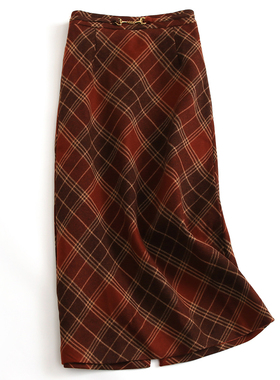 圣诞新年红色穿搭格子半松紧腰中长裙高腰a字裙显瘦女半身裙J188