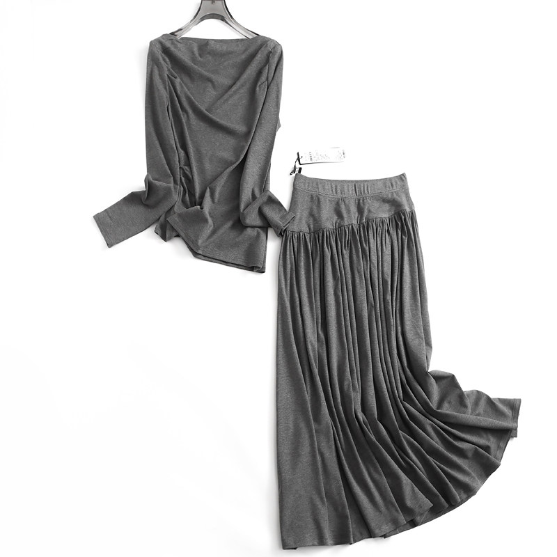 纯色捏褶显瘦修身一字领长袖针织T恤一整套半身裙女时尚套装J507,女装/女士精品,时尚套装,淘宝优惠券,粉丝福利购,淘宝优惠卷