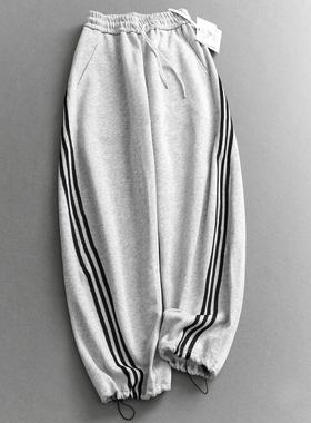 美式复古撞色条纹阔腿弯刀裤2026春季新款宽松休闲运动卫裤女W155
