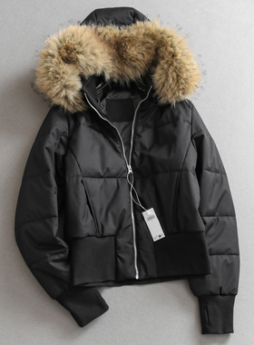 可拆卸毛领纯色连帽罗纹收腰保暖外套冬季新款长袖女棉衣棉服Q230