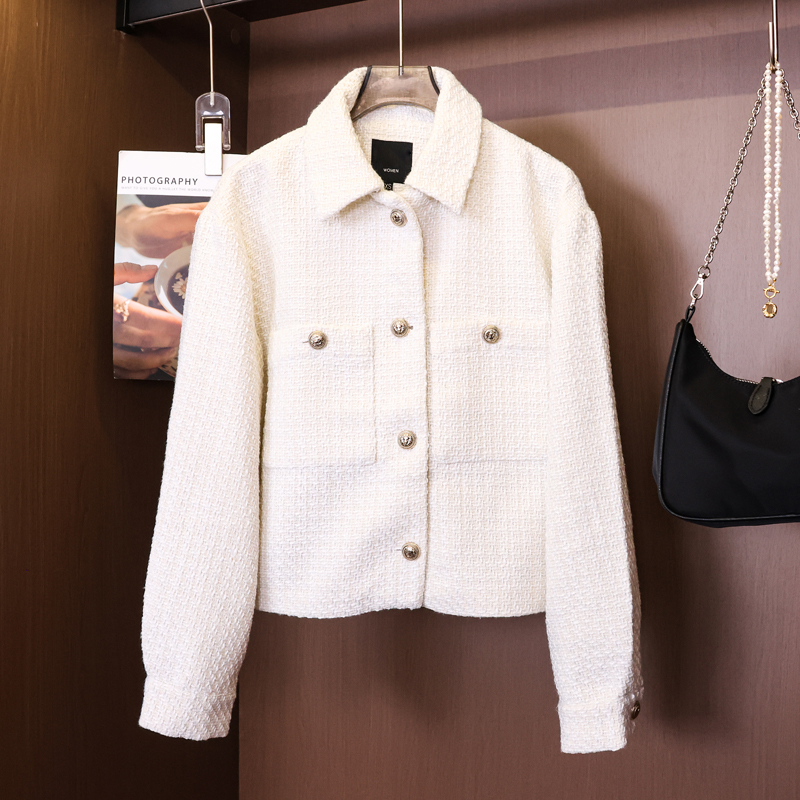 纯色编织粗花呢对称口袋翻领外套