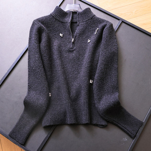 女M524 保暖高级感针织衫 糯米绒深灰钉钻立领时尚 气质套头毛衣长袖