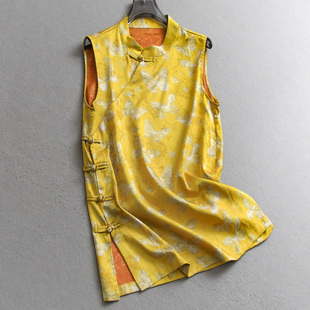 盘扣背心女衬衫 C862 国风无袖 黄色提花宽松显瘦垂感缎面立领新中式