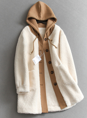 撞色连帽假两件中长款加厚保暖长袖环保皮草仿羊羔毛毛外套女M549