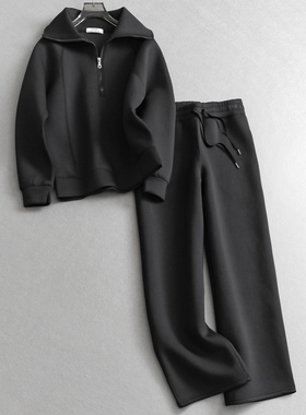 半拉链翻领真空棉套头卫衣可配一整套松紧腰直筒卫裤套装女M574