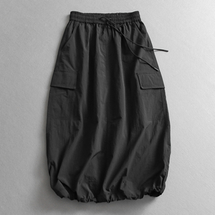 纯色侧边对称口袋松紧腰宽松工装 裙休闲泡泡长裙女花苞半身裙E174