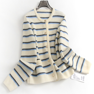 G831 百搭女针织衫 蓝色条纹显瘦圆领单排扣毛衣开衫 外套小香风长袖