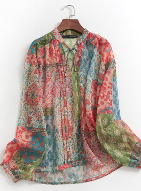 K522民族风印花薄款系带立领防嗮外穿春夏新款2023长袖女雪纺衬衫