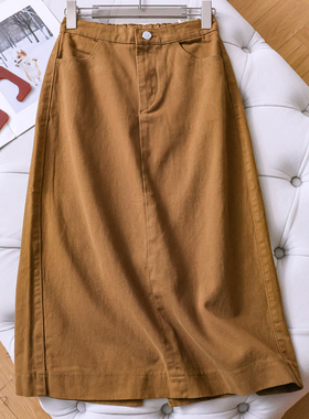 纯色半松紧腰显瘦开叉中长款女裙休闲裙2026春季新款女半身裙W199