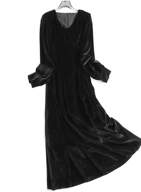 纯色显瘦修身褶皱赫本风圆领秋冬新款长袖女裙气质长裙连衣裙N080