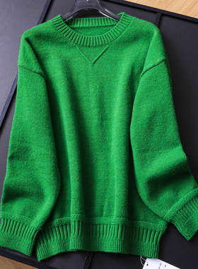 绵羊毛混纺绿色松弛感圆领25冬季新款长袖百搭针织衫女毛衣B779