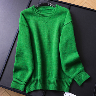 百搭针织衫 长袖 女毛衣B779 新款 绵羊毛混纺绿色松弛感圆领25冬季