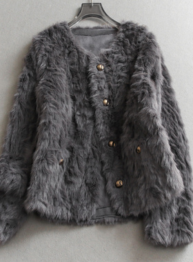 纯色软糯轻熟韩系皮毛一体圆领加厚保暖环保皮草长袖女装外套M697