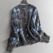 撞色蓝色碎花软糯仿貂毛圆领毛衣外套25冬季 女M482 针织衫 新款 长袖