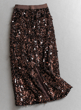 千金风纯色松紧腰闪闪的亮片加绒加厚直筒裙丝绒长裙女半身裙Q290