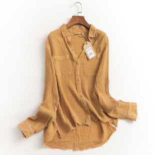 百搭女衬衫 2023长袖 衬衣 新款 G881纯色纯棉显瘦翻领单排扣口袋春季