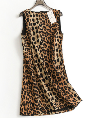 豹纹印花显瘦修身包臀裙圆领无袖背心裙气质欧美风短裙连衣裙S085