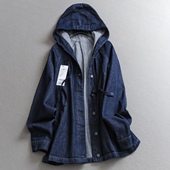 午夜靛蓝极简纯色宽松中长款 女牛仔外套B169 长袖 连帽2025秋季 新款