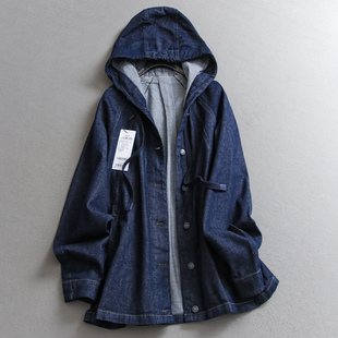 长袖 新款 女牛仔外套B169 连帽2025秋季 午夜靛蓝极简纯色宽松中长款