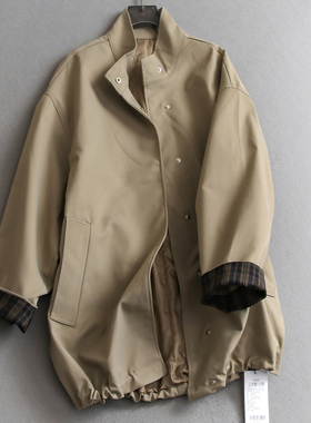 撞色格纹袖口宽松中长款百搭大衣2025秋季新款长袖外套女风衣B175