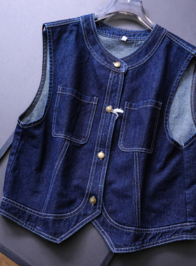 深蓝色宽松显瘦无袖叠穿坎肩2025秋季新款外穿背心女牛仔马夹B470