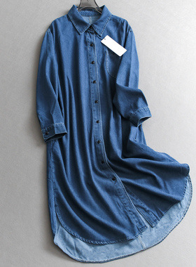 纯色宽松显瘦翻领牛仔裙中长款衬衫裙2025秋季新款长袖连衣裙B238