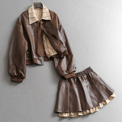 设计感小个子假两件领带皮衣外套一整套穿搭百褶短皮裙女套装B025