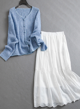 「甜美加持不觉单调」落肩版型温柔长袖薄毛衣半裙女两件套装K937