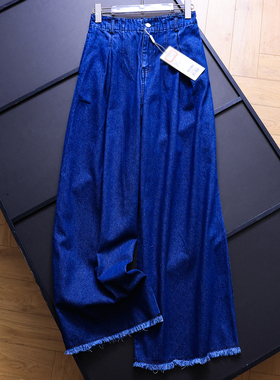 蓝色高腰显瘦水洗毛边阔腿裤2025秋季新款宽松直筒裤女牛仔裤B211
