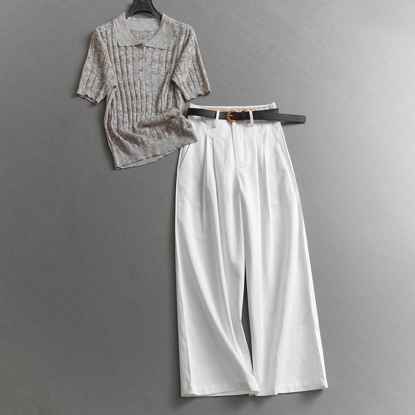 简约麻花软糯亲肤翻领短袖针织衫可配一整套穿搭阔腿裤女套装E520