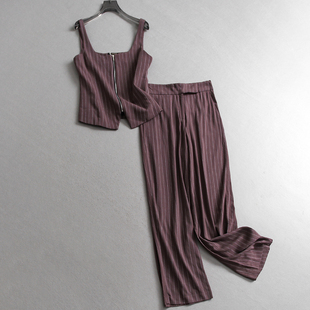 条纹显瘦拉链开襟短款 背心可配一套通勤阔腿裤 女套装 C399 圆领无袖