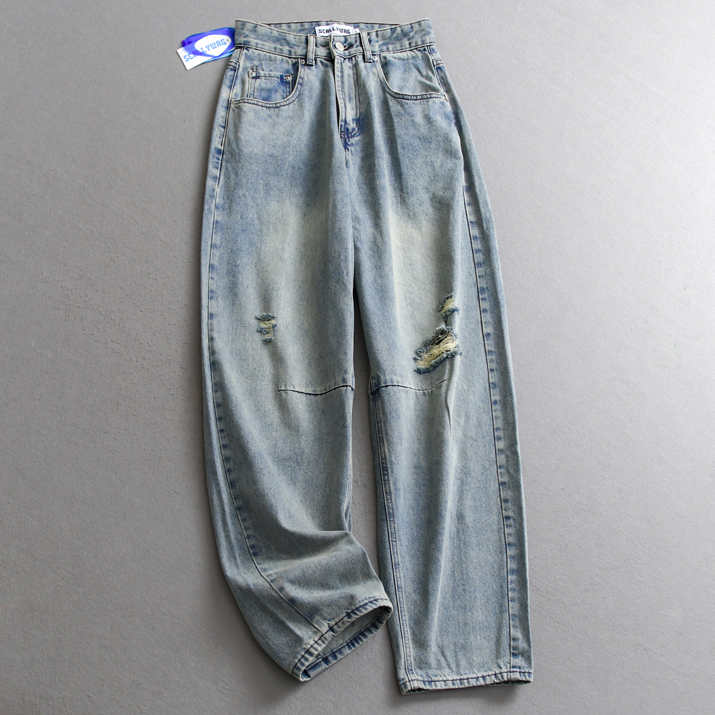 复古破洞磨白高腰显瘦宽松牛仔裤