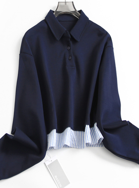 条纹拼接假两件宽松显瘦POLO领减龄长袖套头休闲百搭女卫衣F735