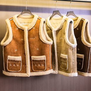 韩系时尚 背心马夹M183 花朵刺绣皮毛一体加厚保暖毛绒坎肩外套女装